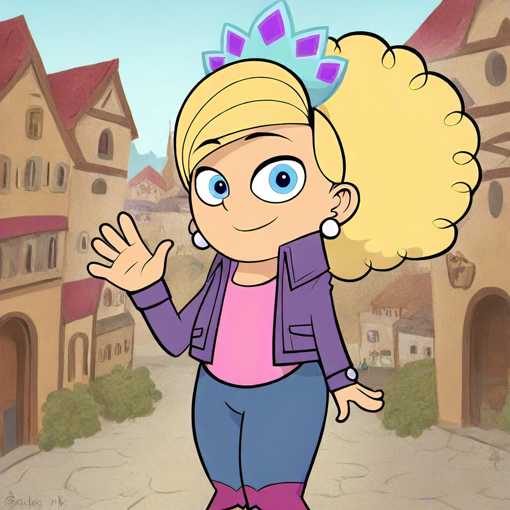 masterpiece, best quality, solo,  brianna_kb, blonde hair, earrings, crown, blue eyes, jacket, pants, waving, looking at viewer, town
