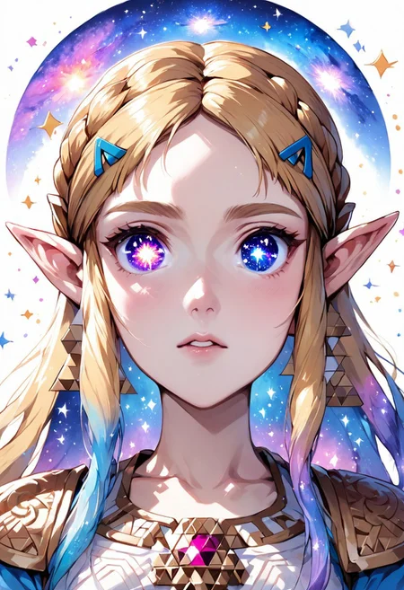 source_anime, colorful, score_9, score_8_up, score_8, (masterpiece), eyedetailxl, bettereyes, detailed_eyes, upper_body, bust, BREAK, 1girl, Princess Zelda, multicolored_eyes, (galaxy eyes:1.2), galaxy_eyes, bright_pupils, (white background)