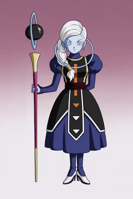 source_anime, score_9, score_8_up, score_7_up, anime screencap,8k, absurd res,
kusu \(dragon ball\), marcarita outfit, 1girl, solo, long hair, simple background, white background, black dress, purple eyes, full body, braid, white hair, puffy sleeves, high heels, single braid, colored skin, juliet sleeves, staff, blue skin, white footwear, eyelashes, gold trim, long skirt, long sleeves, looking at viewer, neck ring, arm behind back, holding staff, print dress, purple skirt, purple legwear, pantyhose, purple topwear, red sash, sleeveless dress, turtleneck, two tone footwear, undershirt, underskirt, v-shaped eyebrows, black footwear
<lora:kusu_pony_v1:0.8>