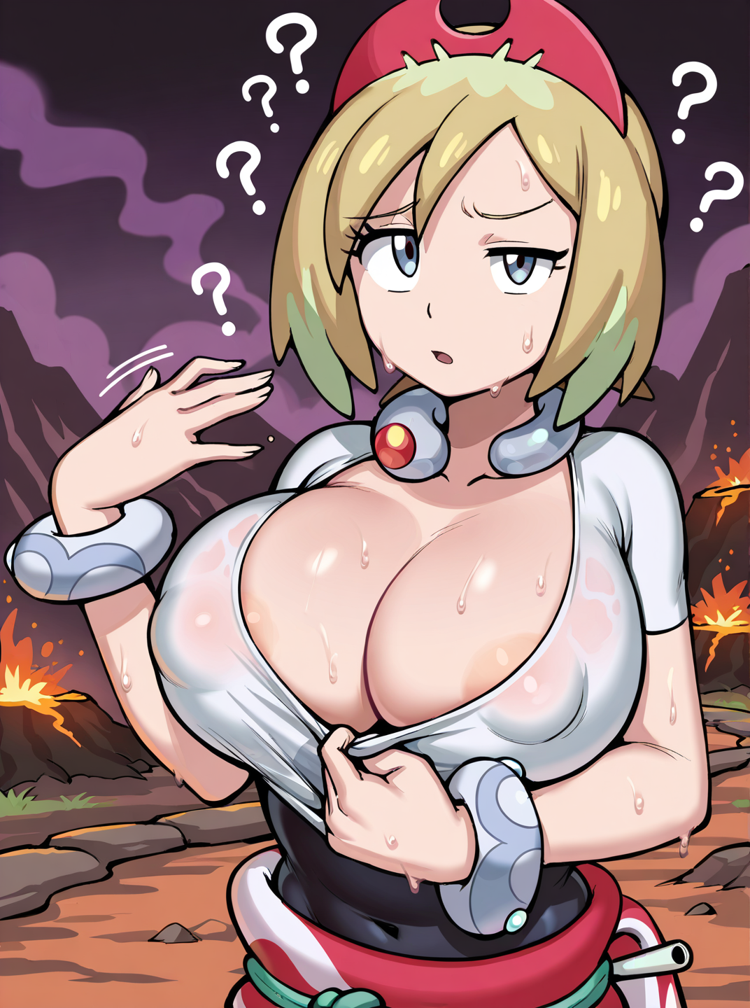 <lora:Grey_Impact_-_WAI:0.8>,  Masterpiece, Irida (Pokemon Legends), 1girl, solo, pulling shirt collar, (deep cleavage:1.2), large breasts, tight uniform, exhausted face, raised eyebrow, ?, fanning face with hand, profusely sweating, sweat droplets, slightly erect nipples under clothes, rocky mountain path, dark orange/black skies, volcano in the background