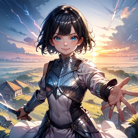 score_9, score_8_up, score_7_up,source_anime, sunlight,1boy, black hair, short hair, blue eyes, metal armor, looking at viewer, proud face, reaching towards viewer, holding sword, sunrise, stone podium, <lora:Between pencils and semi-realism:1.4> stbedap, dramatic lightning,