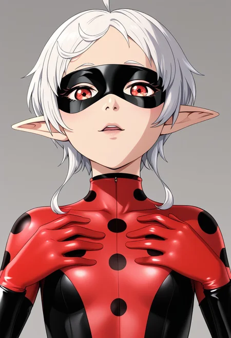 eye mask, ladybug costume, ladybug outfit, Sylphiette, white hair, short hair, ahoge, red eyes, pointy ears, clear image,(masterpiece:1.2), easynegative, ng_deepnegative_v1_75t, best quality,<lora:guizhencaoXL-000018:1>, Expressiveh, verybadimagenegative_v1.3, high resolution, unity 8k wallpaper, extremely detailed face, extremely detailed CG, ( perfect hands, perfect anatomy, perfect eyes , five fingers), white backgound