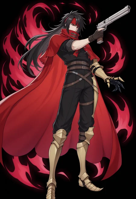masterpiece, best quality, solo, 1boy, <lora:Vincent-valentine-illus_Fp:1>, vincentff7, black hair, red eyes, long hair, red headband, red cloak, buckle, black shirt, black pants, single gauntlet, multiple belts, holding gun, single fingerless glove, covered mouth, <lora:feh-style-richy-v1_ixl:1>, fehspc, full body, standing, black background, armored boots, red aura