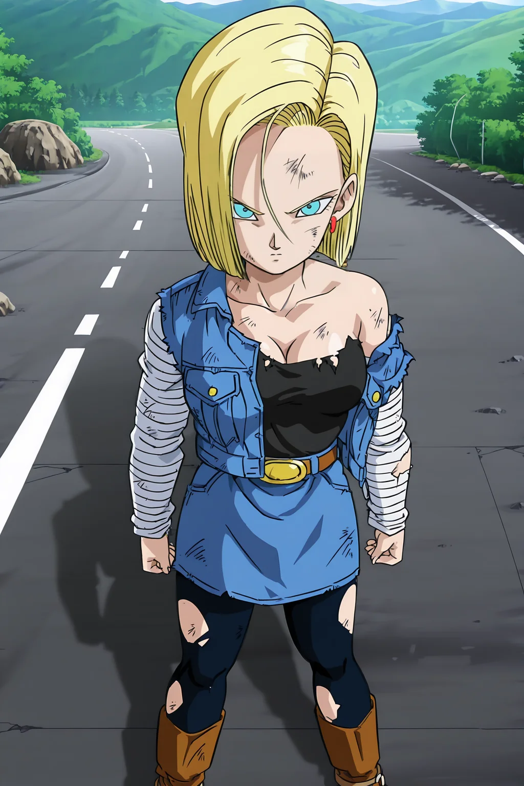anime screencap, absurdres, high quality, official style,
android 18, android saga, classic outfit, 1girl, solo, breasts, looking at viewer, short hair, blue eyes, blue skirt, blonde hair, black shirt, cleavage, medium breasts, open jacket, pantyhose, boots, belt, torn clothes, brown footwear, denim, torn pantyhose, torn shirt, dirty, blue jacket, clothes pull, collarbone, denim jacket, denim skirt, from above, off shoulder, long sleeves, rock, sleeveless jacket, single bare shoulder, torn jacket, striped sleeves, v-shaped eyes, v-shaped eyebrows, white sleeves, black legwear, outdoors, road, nature, mountainous horizon, day,
<lora:Android_18_-_Dragon_Ball:0.8>