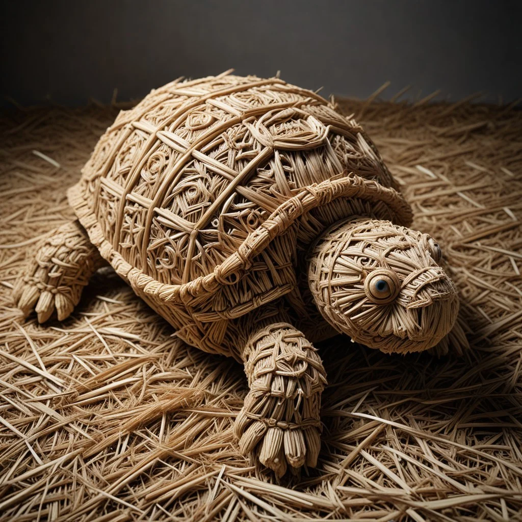 masterpiece, intricately detailed turtle made of straw, dramatic lighting, sharp focus,