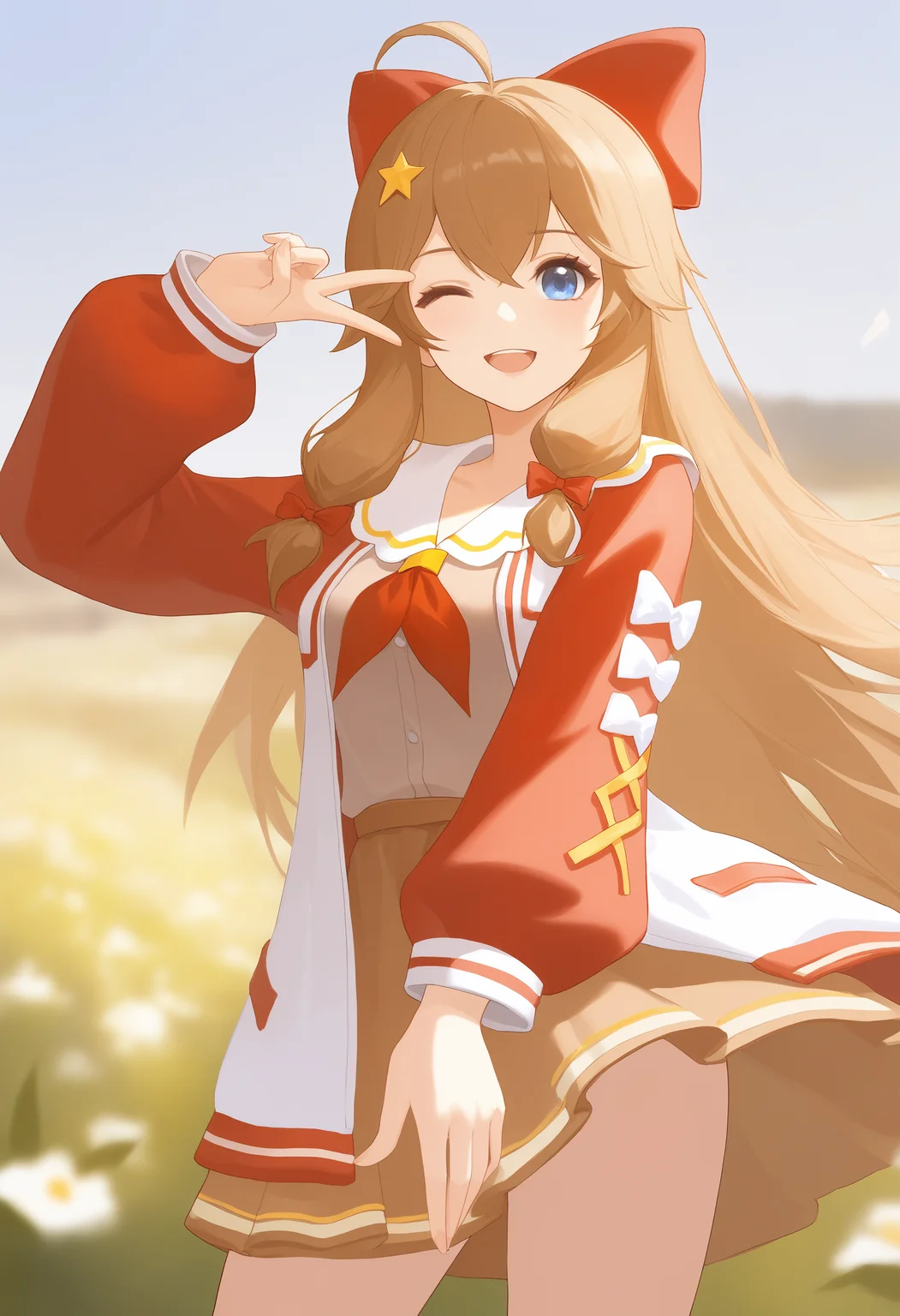 1girl,ahoge,long hair,blue eyes,brown hair,jiaran\(asoul\),iarannormal,star hair ornament,red bow,open clothes,puffy sleeves,long sleeves,sailor collar,
champi,tuzhate,yao liao wang,
mature female,tall female,medium breasts,
vibrant expression,winking,peace sign,outdoors,surrounded by flowers,sunlight,clear sky,fresh and energetic,v over eye,look at viewer,
playful pose,cowboy_shot,bright and cheerful,vibrant flowers in the background,sunlit environment,natural energy,closed eye on one side,another hand reaching out,warm sunlight casting shadows,fresh green grass,floral details,joyful and lively mood,soft breeze,cinematic lighting,dynamic composition,aesthetic,best quality,amazing quality,very aesthetic,absurdres,masterpiece,newest,burry background,
,