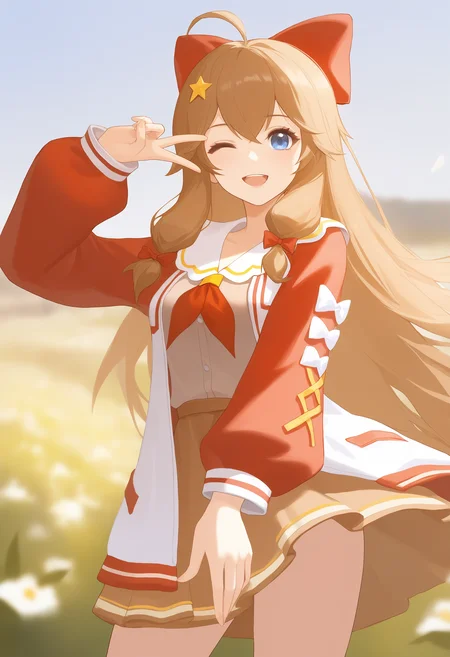 1girl,ahoge,long hair,blue eyes,brown hair,jiaran\(asoul\),iarannormal,star hair ornament,red bow,open clothes,puffy sleeves,long sleeves,sailor collar,
champi,tuzhate,yao liao wang,
mature female,tall female,medium breasts,
vibrant expression,winking,peace sign,outdoors,surrounded by flowers,sunlight,clear sky,fresh and energetic,v over eye,look at viewer,
playful pose,cowboy_shot,bright and cheerful,vibrant flowers in the background,sunlit environment,natural energy,closed eye on one side,another hand reaching out,warm sunlight casting shadows,fresh green grass,floral details,joyful and lively mood,soft breeze,cinematic lighting,dynamic composition,aesthetic,best quality,amazing quality,very aesthetic,absurdres,masterpiece,newest,burry background,
,