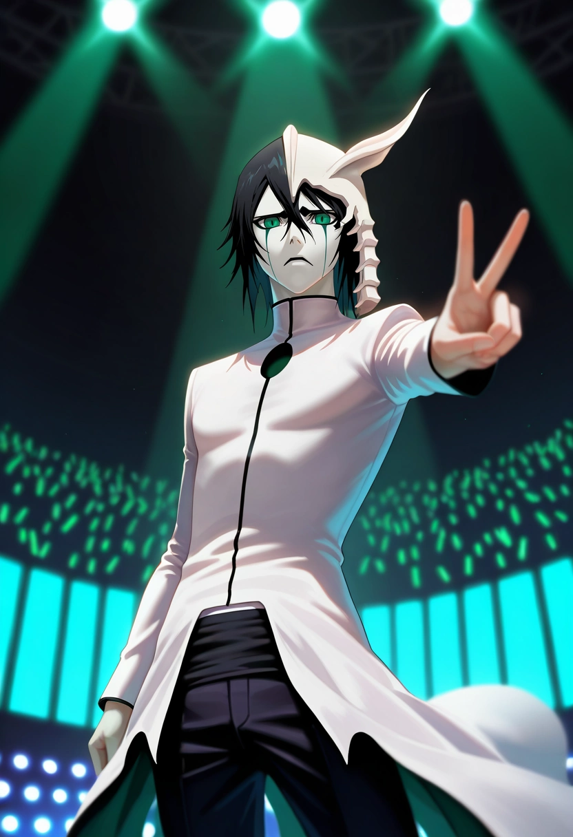 masterpiece, best quality, intricate details, semi-realistic, , depth of field, 1boy, solo, male focus, <lora:ulquiorra_cifer_ilxl:0.92>, ulquiorra_cifer, black hair, green eyes, facial mark, hair between eyes, , wide angle, wide shot, cowboy shot, concert, stage, stage lights, idol, dark, victory pose, angry,