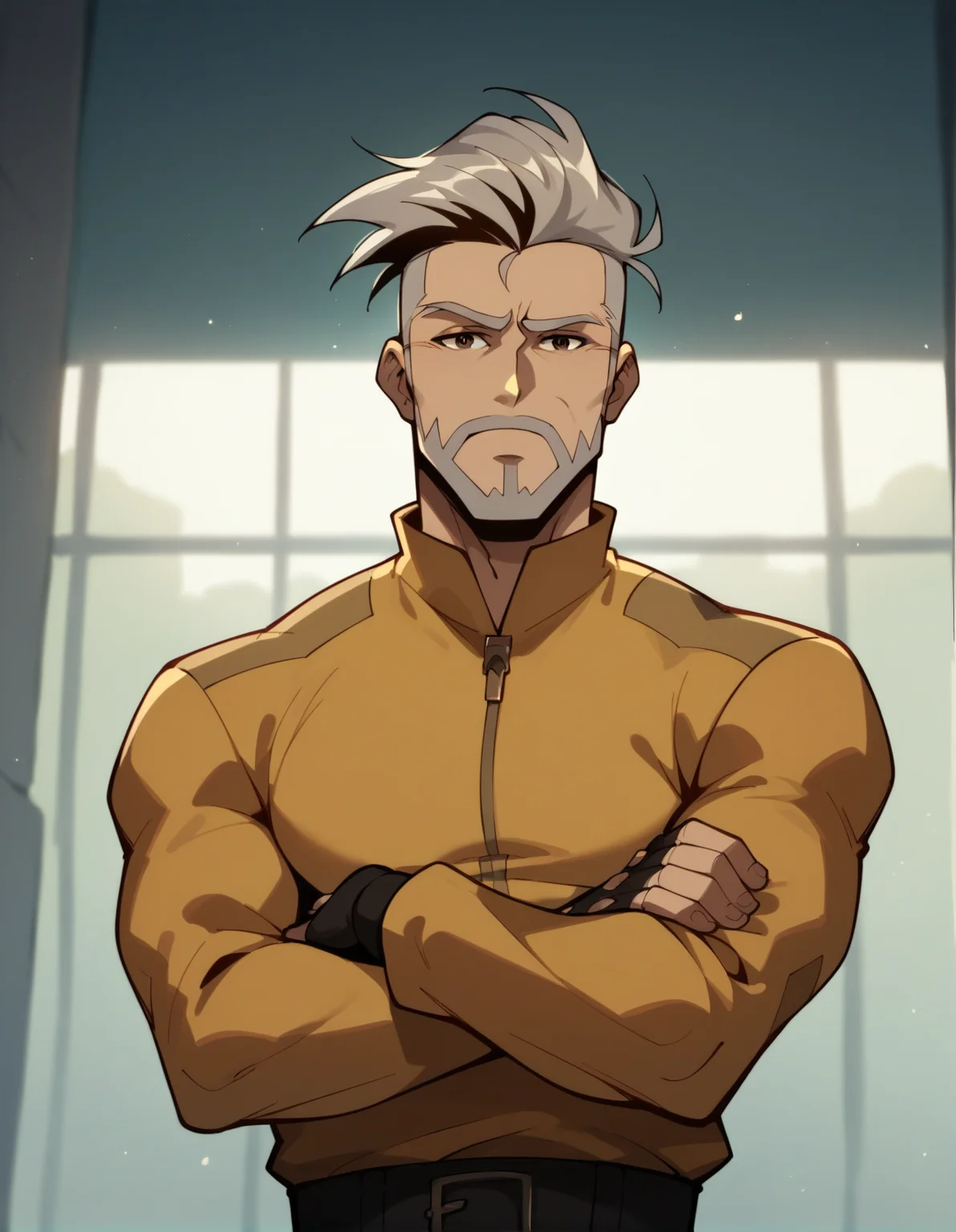 male, portrait, grey hair, brown eyes, looking at the viewer, arms crossed, long sleeves, fingerless gloves <lora:Rick_Flag_Sr.:0.8> r1ck, score_9, score_8_up, score_7_up, score_6_up, 2d, digital art, masterpiece <lora:Expressive_H:0.4> expressiveh <lora:princess_xl_v2:0.3> <lora:g0th1c2XLP:0.3> g0th1c