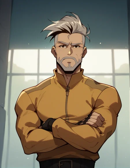 male, portrait, grey hair, brown eyes, looking at the viewer, arms crossed, long sleeves, fingerless gloves <lora:Rick_Flag_Sr.:0.8> r1ck, score_9, score_8_up, score_7_up, score_6_up, 2d, digital art, masterpiece <lora:Expressive_H:0.4> expressiveh <lora:princess_xl_v2:0.3> <lora:g0th1c2XLP:0.3> g0th1c