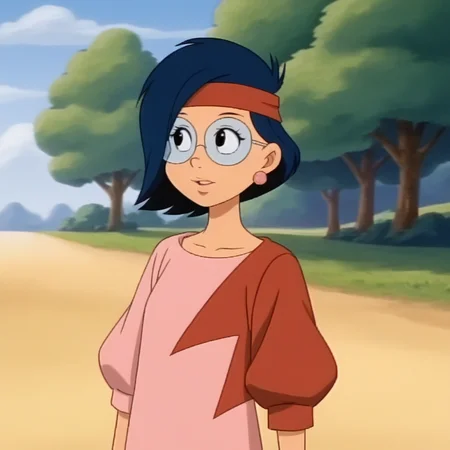 score_7_up, BREAK, annie, 1girl, solo, short hair, blue hair, black eyes, headband, glasses, earrings, mismatched red sleeves, shirt, cowboy shot, outdoors, <lora:Annie_MPM_PXL_Leaf2:0.8>