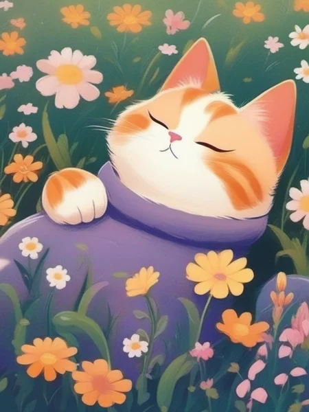 A cartoon cat is laying on its back in a field of flowers., <lora:kids:1> illuillustration,