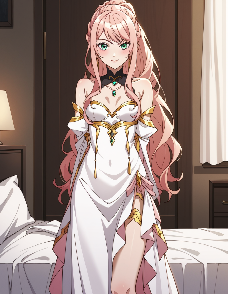 score_9, score_8_up, score_7_up, source_anime, uncensored, <lora:StS_detail_slider_v1:3>, zPDXLxxx, <lora:Lexia_Von_Arselia_PONYXL_VexVexX:1>, LexiaVonArselia, green eyes, pink hair, blonde hair, long hair, ponytail, wavy hair, bangs, makeup, medium-small breasts, dress, long dress, white dress, bare shoulders, jewelry, detached sleeves, detached collar, cowboy shot, bedroom, from back, standing, hands behind back, nipple bulge, thighs, looking at viewer, smile,