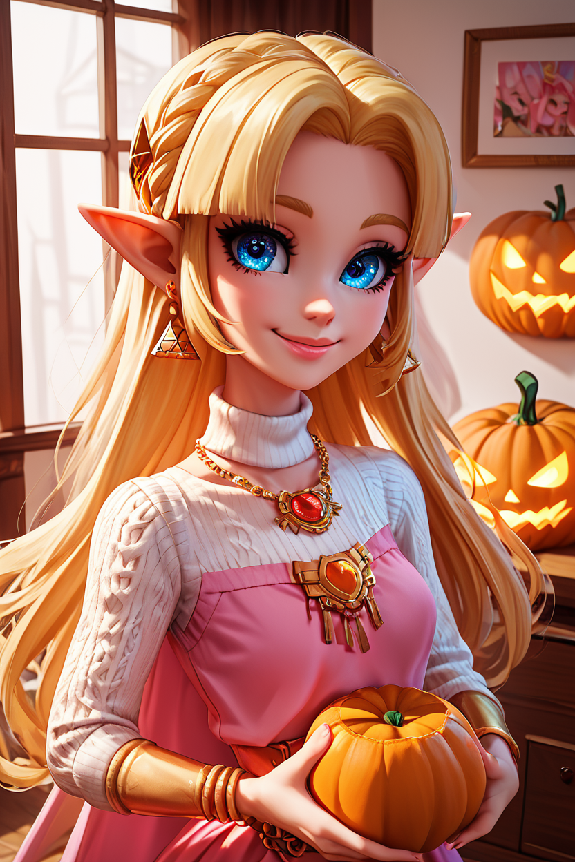 score_9, score_8_up, score_8, medium breasts, (curvy), cute, eyelashes, radiant eyes, detailed eyes,  BREAK, ,,,  zzUZelda, blonde hair, jewelry, dress, pink tabard, triforce,  earrings, necklace, <lora:UltimatePrincessZelda_PDXL_v1:0.8> ,,, upper body,  1girl, solo, closed mouth, pants, holding pumpkin, indoors, sweater, lips, makeup, upper body, white sweater,  indoors, warm colors, cozy,  BREAK, smile, looking at viewer,   embedding:zPDXL, Expressiveh,  <lora:BeautifulCAT_PDXL:0.8>, <lora:SDXLFaeTastic2400:0.5>,  <lora:Expressive_H-000001:0.4>,
