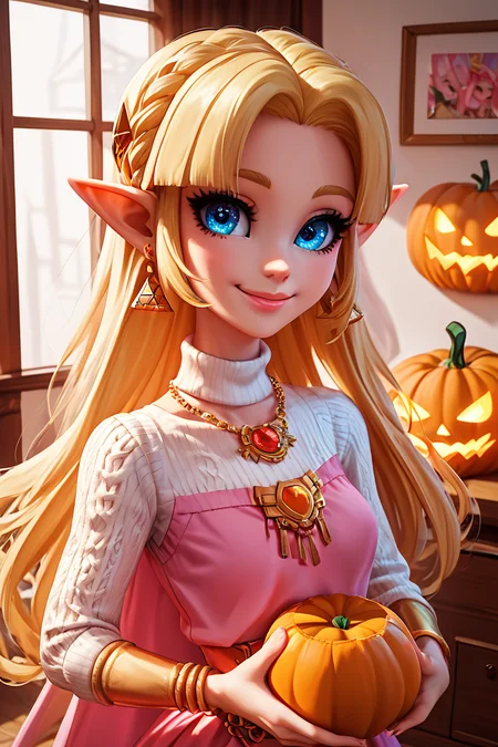 score_9, score_8_up, score_8, medium breasts, (curvy), cute, eyelashes, radiant eyes, detailed eyes,  BREAK, ,,,  zzUZelda, blonde hair, jewelry, dress, pink tabard, triforce,  earrings, necklace, <lora:UltimatePrincessZelda_PDXL_v1:0.8> ,,, upper body,  1girl, solo, closed mouth, pants, holding pumpkin, indoors, sweater, lips, makeup, upper body, white sweater,  indoors, warm colors, cozy,  BREAK, smile, looking at viewer,   embedding:zPDXL, Expressiveh,  <lora:BeautifulCAT_PDXL:0.8>, <lora:SDXLFaeTastic2400:0.5>,  <lora:Expressive_H-000001:0.4>,