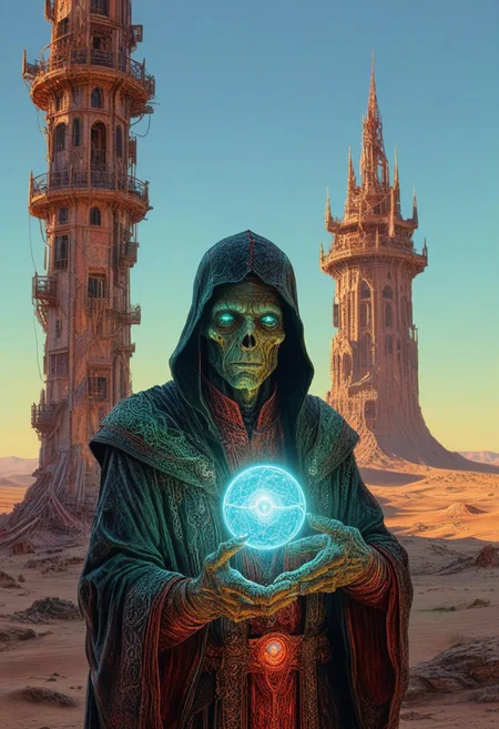 appears trapped in an optical illusion of reflections and refractions. Illustration by moebius, a tower in a desert, intricate details, an undead wizard with glowing turquois eyes wearing robes that are red and black with an intricate pattern of YellowGreen lightening motif have the wizards hands spread out with energy glowing around his hands that are the same color as his glowing eyes also have the mouth open and the face of the undead wizard look very decayed but still have some flesh medium grain, FRESHIDESH Moebius comic book