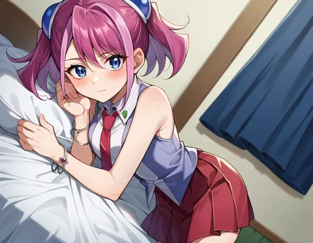 score_9, score_8_up, score_7_up, source_anime,
yuzuhiiragi, <lora:yuzu-hiiragi-ponyxl-lora-nochekaiser:1>,
yuzu hiiragi, blue eyes, hair ornament, medium hair, multicolored hair, pink hair, red hair, streaked hair, twintails,
bare arms, bracelet, collared shirt, jewelry, necktie, pleated skirt, red necktie, red skirt, shirt, skirt, sleeveless, sleeveless shirt, wing collar, two-tone shirt,
indoors, bed, bed room, on side, blush, drunk,
looking at viewer, cowboy shot, dutch angle,