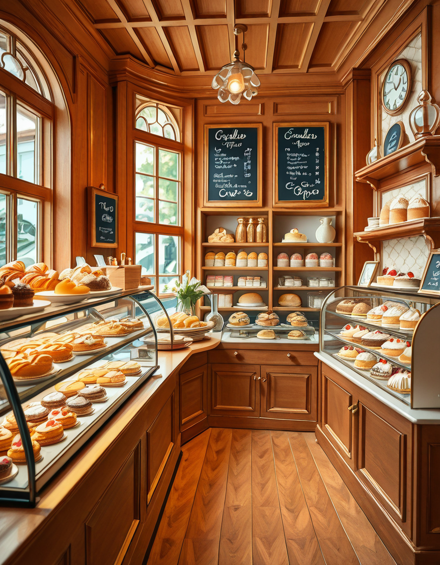 A beautifully designed, elegant pastry shop with a luxurious European-inspired aesthetic. The interior features intricate moldings, high ceilings, and large arched windows that allow natural daylight to stream in, casting a soft glow over the polished marble floors. The walls are adorned with pastel-colored wallpaper, delicate gold accents, and vintage-style framed paintings of pastries and tea sets.
The centerpiece of the shop is a long glass display case filled with an exquisite assortment of pastries, including colorful macarons, delicate éclairs, fruit tarts with glistening glaze, and elegantly decorated cakes with intricate sugar flowers. Behind the counter, shelves lined with neatly arranged boxes of artisanal chocolates, fine teas, and jars of homemade jam add to the refined atmosphere. Crystal chandeliers hang from the ceiling, casting a warm golden light that reflects off the glass surfaces.
Small round tables with marble tops and wrought iron chairs are arranged neatly throughout the space, each set with fine porcelain teacups and decorative napkins. A large antique-style clock hangs on the wall above a wooden shelving unit filled with fresh baguettes and croissants resting in woven baskets. The air is filled with the inviting scent of fresh-baked pastries, vanilla, and rich espresso.
In the background, a grand espresso machine with polished brass fittings sits atop a marble counter, next to a beautifully arranged tiered cake stand displaying freshly made confections. A large, arched doorway with a carved wooden frame leads to a cozy back room with additional seating and a vintage-style menu board showcasing the shop's specialties written in elegant calligraphy. The entire setting evokes a sense of refinement, charm, and indulgence, with a warm and welcoming ambiance.
<lora:SDXLFaeTastic2400:0.4> <lora:extremely_detailed:0.4> extremely detailed, <lora:elegant_p4stry_sh0p_illus:1>,elegant p4stry sh0p, Masterpiece,best quality,hi res,8k,hi res,8k,award winning,(sharp focus, intricate, highly detailed),