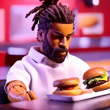 a cinematic still of ,rbtchkn style ,rhwrld , dreads in a bun in the style of rbtchkn <lora:riiahworldxl:1> rhwrld, depth of field , at a resturaunt eating a burger,<lora:jcoleXL:0.7> robot chicken, rbtchkn, robot chicken tv show, stop motion