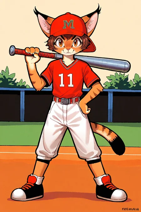 (anthro caracal cat girl:1.2),brown hair,baseball cap,Baseball outfit,solo,full body,
illustration,tezuka osamu,looking at viewer,baseball field,holding baseball bat
<lora:Perfect Hands:1> <lora:age_slider_v4:-2> <lora:osamu:0.8>, score_9, score_8_up, score_7_up, score_6_up, score_5_up, score_4_up,zPDXL