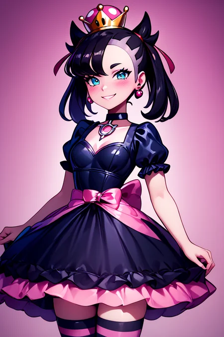 score_9, score_8_up, score_8, medium breasts, (curvy), cute, eyelashes, BREAK, , zzShadowHimeMarnieCitron, super crown, black hair, twintails, asymmetric bangs, crown, black dress, pink gemstone, pink waist bow, bangs, dress, jewelry, short sleeves, earrings, choker, black dress, black choker, <lora:ShadowHimeMarnie_CitronOC_PDXL_v2:0.8>,, BREAK, closed mouth, alternate costume, smile, looking at viewer, blush, ,,, zzLFashion, frilled dress, frills, bow, dress, striped thighhighs, sweetL, cowboy shot, ,,, embedding:zPDXL, Expressiveh, ,,, <lora:Vivid:0.7>, <lora:LFashionPDXL:1>, <lora:Uncensored_PonyXL_cpt_v02.09:0.4>, <lora:Expressive_H-000001:0.4>,