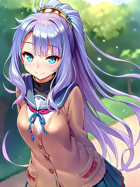 <lora:pony_xl_Priscilla:1>,Priscilla,score_9,score_8_up,score_7_up,source_anime,looking at viewer,kind_smile,fun,park,sailor,school_uniform,light_blush,leaning_forward,arms_behind_back,upper eyes,cowboy_shot,