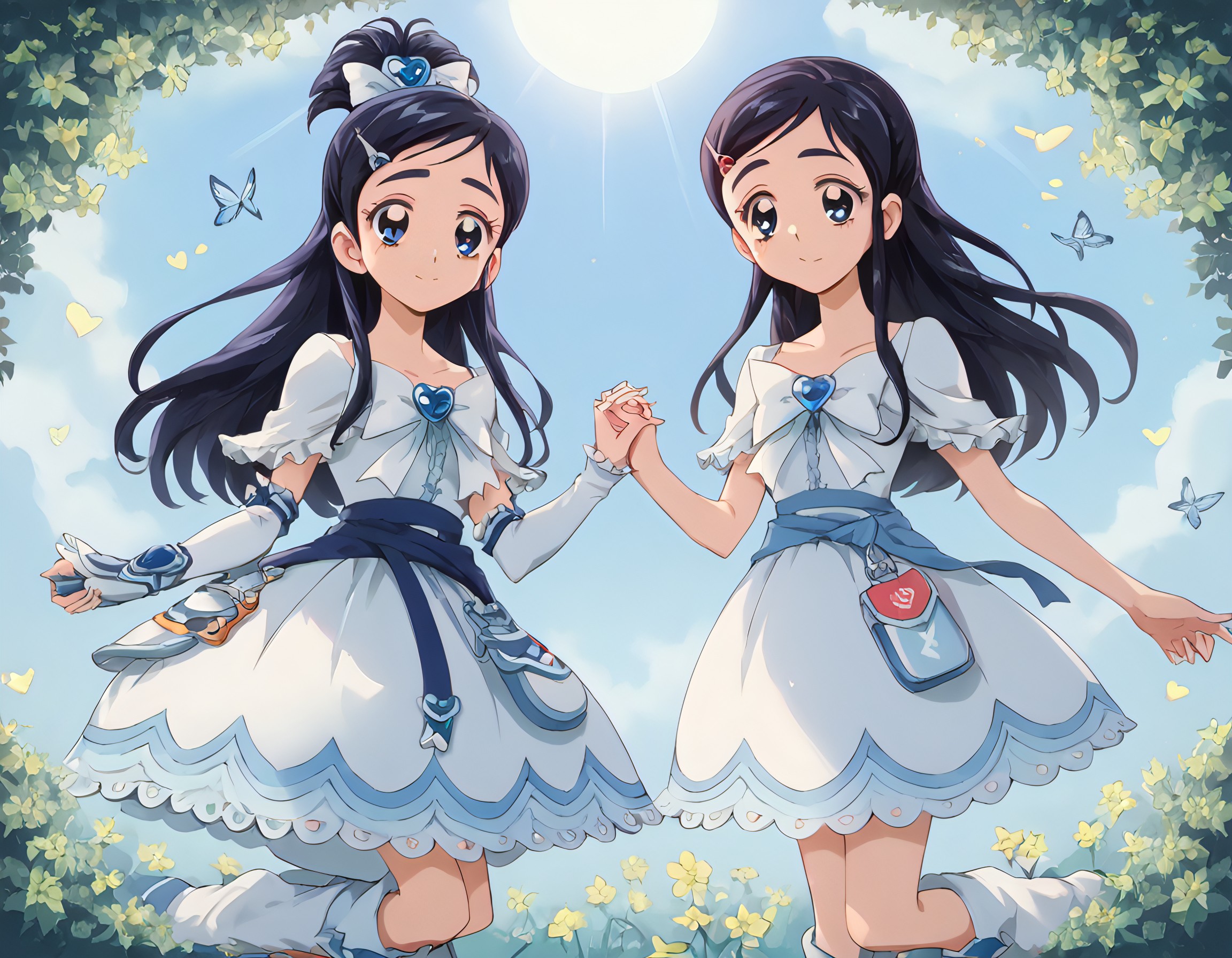 (score_9_up, score_9, score_8_up, score_7_up), ((masterpiece)), ((best quality)), 2girls, young girl and mother, holding hands in a park surrounded by flowers, delicate affection, cozy presence, visible care, open field with butterflies, sun-kissed natural tones, storybook illustration style, Cure White, Long, black hair with indigo highlights, Blue eyes, Fair skin, White dress with pale blue trim, White ribbon on chest, Blue strap around waist with heart clasp, White boots with pale blue soles, Leg warmers with blue ruffles, White gloves with blue heart accents, Graceful and calm demeanor, honoka