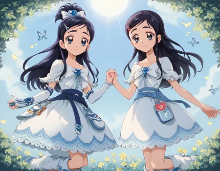 (score_9_up, score_9, score_8_up, score_7_up), ((masterpiece)), ((best quality)), 2girls, young girl and mother, holding hands in a park surrounded by flowers, delicate affection, cozy presence, visible care, open field with butterflies, sun-kissed natural tones, storybook illustration style, Cure White, Long, black hair with indigo highlights, Blue eyes, Fair skin, White dress with pale blue trim, White ribbon on chest, Blue strap around waist with heart clasp, White boots with pale blue soles, Leg warmers with blue ruffles, White gloves with blue heart accents, Graceful and calm demeanor, honoka