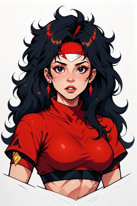 comistylepdxl, 1girl, solo, black hair, red headband, headband, jewelry, long hair, earrings, medium breasts, outdoors, red shirt, crop top, armbands, looking at viewer, black eyes, parted lips, messy hair, floating hair, upper body, PnyCmicXLPOS, ErthIllustPDXL_POS, <lora:ComicsV3PDXL:1>