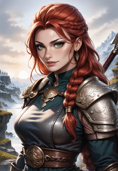 safe_pos, score_9, score_8_up, score_7_up, 1girl, solo, 
beauty Viking warrior, intricate chainmail armor with leather accents and Norse runes, ancient battle axe with a polished wooden handle and a gleaming steel blade, long braided red hair adorned with bronze beads, realistic, cinematic angle, cinematic lighting, muscular body, fierce face, piercing green eyes, battle-ready pose 
standing on a rugged coastal cliff 
source_Viking_art, rating_explicit, expressive, dynamic pose 
detailed beautiful background, dramatic coastal landscape with towering cliffs and crashing waves, ancient Viking longships on the horizon, rugged terrain with rocky outcrops and wild grasses, distant mountains with snow-capped peaks, epic atmosphere with a sense of adventure and danger <lora:Expressive_H:0.6> Expressiveh, (SimplepositiveXLv1:1.3), 
(((upper body, full clothed:1.85))) ((masterpiece)) (ultra realistic, 32k, masterpiece:1.2), (high detailed skin:1.1), (high quality:1.1) (((full clothed))), (8k uhd:1,4) <lora:DandonFuga_Style_v.2_-_Pony:0.8> 
<lora:add-detail-xl:1> 
<lora:Dynamic Poses:1>