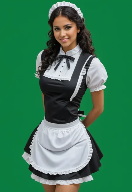 hypnosis, mind control
green screen, green background, greenscreen, solid green background,
wide shot, full body photo
of 23 y.o female woman
black shoulder length hair,
perfect featureless skin,
hourglass shape,
big breasts, <lora:chest_adjust:11>,
long curly shiny black hair
dark brown eyes
naughty smile
bimbo lips
hypnotic eyes
hypnosis, mind control,looking at viewer
wearing black latex maid uniform with white frills and a thick black latex dress long enough to hide her feet victorian maid
full color, high detail, 8k, highly detailed, symmetry