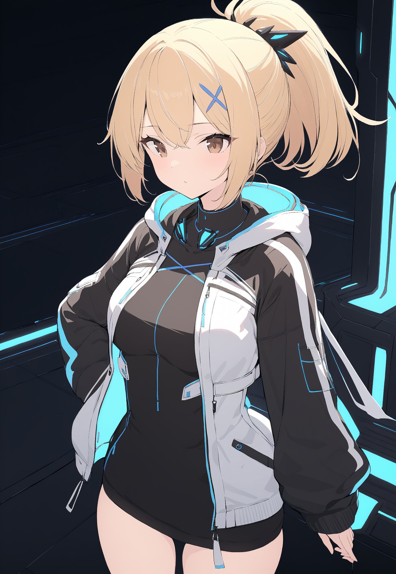 masterpiece, best quality, V4NGU4RD, 1girl, blonde hair, ponytail, jacket, short hair, brown eyes, science fiction, hood, hood down, open clothes, Vanguard Jacket, hair ornament