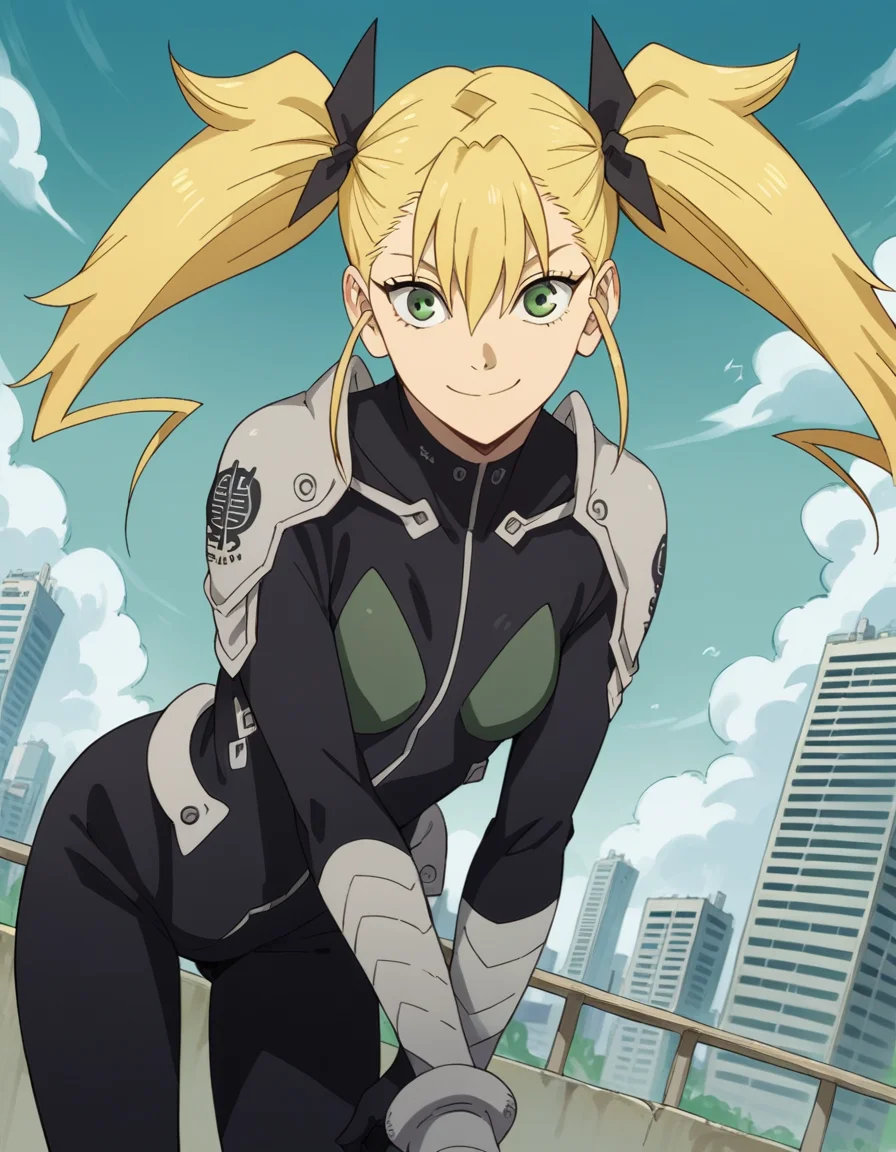 score_9, score_8_up, score_7_up, source_anime, <lora:kikoru-shinomiya-s1-ponyxl-lora-nochekaiser:1>, kikoru shinomiya, long hair, blonde hair, ribbon, twintails, green eyes, hair between eyes,, bodysuit, black bodysuit, cityscape, bent over, smile, looking at viewer, solo,, cowboy shot, dutch angle