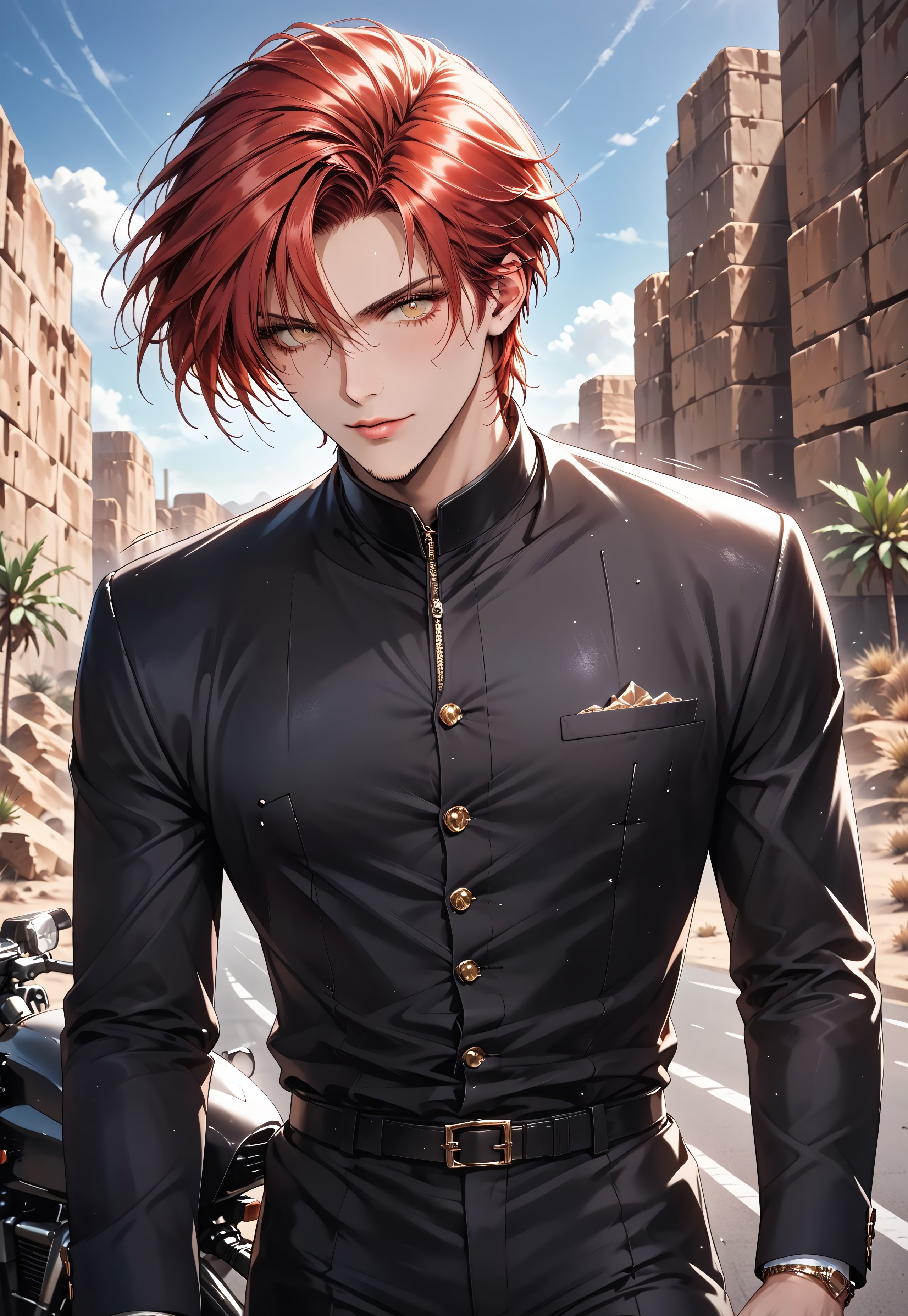 (solo), 1boy, motion lines, male focus, close up, standing
masculine face, daddy looking face, masculine, handsome, red hair, yellow eyes, no beard,
(((motorbike suit))), perfect hands,
Not muscled, fit body, slim body, narrow waist,
detailed face, detailed body, detailed eyes, perfect anatomy,
masterpiece,best quality,amazing quality,
<lora:cfg_scale_boost:0.2>, <lora:add-detail-xl:0.2>, <lora:NAI_QualityV1.1:0.2>,
Outdoor, road, (((desert)))