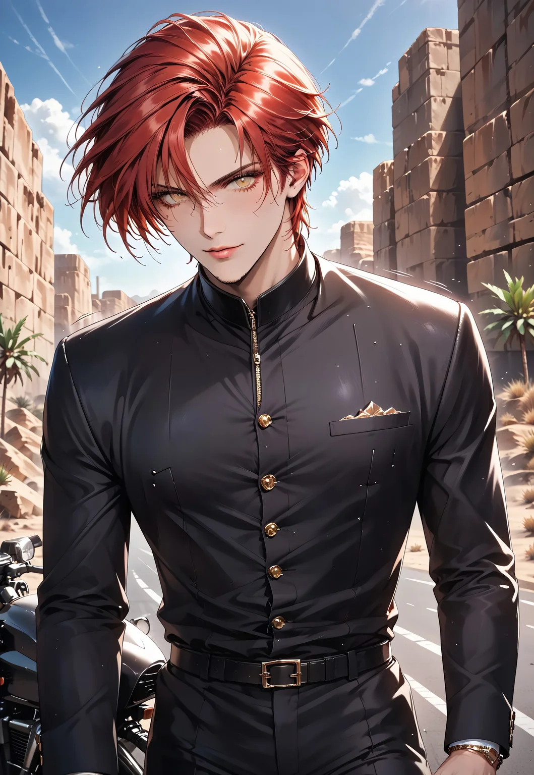 (solo), 1boy, motion lines, male focus, close up, standing
masculine face, daddy looking face, masculine, handsome, red hair, yellow eyes, no beard,
(((motorbike suit))), perfect hands,
Not muscled, fit body, slim body, narrow waist,
detailed face, detailed body, detailed eyes, perfect anatomy,
masterpiece,best quality,amazing quality,
<lora:cfg_scale_boost:0.2>, <lora:add-detail-xl:0.2>, <lora:NAI_QualityV1.1:0.2>,
Outdoor, road, (((desert)))