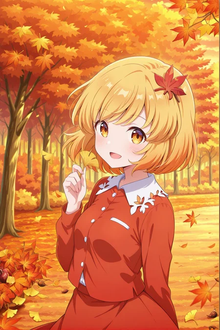 absurdres, highres, masterpiece, best quality, amazing quality, official anime artwork, screencap, anime screencap,
acorn, autumn, autumn leaves, day, depth of field, dragonfly, falling leaves, food, forest, ginkgo leaf, holding leaf, leaf background, leaf hair ornament, leaf on head, leaf print, leaves in wind, long sleeves, looking at viewer, maple leaf, nature, open mouth, orange sky, orange theme, outdoors, tree, upper body, smile,
<lora:Aki-Shizuha_Illustrious:0.8> aki shizuha, 1girl, solo, yellow eyes, blonde hair, short hair, small breasts,, leaf hair ornament, red shirt, red skirt, no hat,
