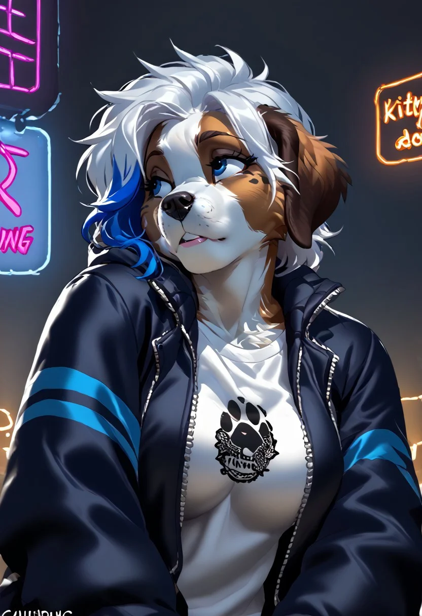score_9, score_8_up, score_7_up, (by kittydee:1.5), (by jailbird:1.5), (by zummeng:1.5), masterpiece, best quality,
(Furry Art: Anthro: Saint Bernard:1.5), 1girl, expressive eyes, feminine eyes, perfect face, feminine face, dog, canine, multicolored fur, brown fur, white fur, black fur, black fur spots around eyes, floppy ears, (large breasts), perfect face, blue eyes, (multicolored hair), (white hair with neon blue highlights:1.5), (mohawk hair), (t-shirt), jacket,