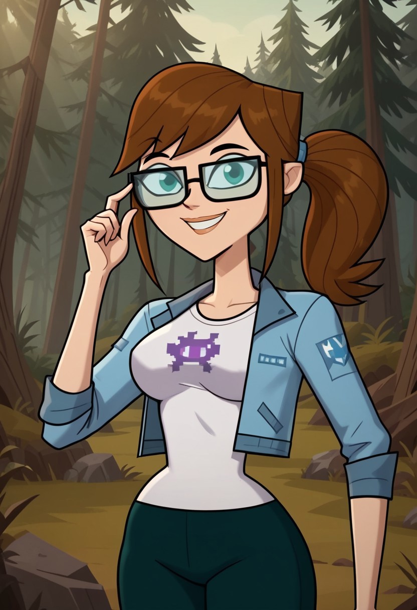 ((Forest background)),score_9, score_8_up, score_7_up,score_6_up, 
1girl, Solo, Ally_DC, light skin, sea green eyes, brown hair, glasses with black frames, hairstyle ponytail, white t-shirt with a purple space Invader design, light blue jacket with folded sleeves, dark green leggings, black and white sneakers, big eyes, tall stature, social smile, perfect eyes, perfect smile, looking at the viewer, big breasts, detailed eyes, perfect eyes, cute, standing, (front pose, bust shot, close up to face, face portrait:1)