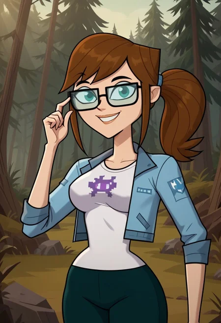 ((Forest background)),score_9, score_8_up, score_7_up,score_6_up, 
1girl, Solo, Ally_DC, light skin, sea green eyes, brown hair, glasses with black frames, hairstyle ponytail, white t-shirt with a purple space Invader design, light blue jacket with folded sleeves, dark green leggings, black and white sneakers, big eyes, tall stature, social smile, perfect eyes, perfect smile, looking at the viewer, big breasts, detailed eyes, perfect eyes, cute, standing, (front pose, bust shot, close up to face, face portrait:1)
