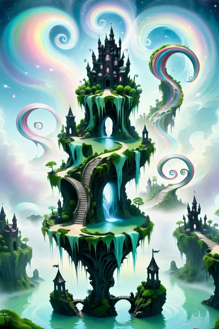 Floating Surreal Islands - A series of floating islands in the sky, each with different gothic, Fae (fairy) architectural featuresâone with a crumbling stone castle, another with a labyrinthine tower, and a third with a bridge that seems to stretch and curve like a ribbon. Ethereal mist swirls around the islands, and distant tiny fae silhouettes flit between them. <lora:EnvyPastelGoth02-prodigy-batch6:1> <lora:SDXLFaeTastic2400:1> <lora:Goth_SDXL_V1:1> <lora:LowBrowXL:1> <lora:GothGirlLorav0.1:1>
