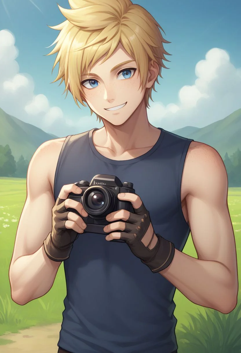 score_9, score_8_up, source_anime, highly detailed, 1boy, solo, male_focus, slender, skinny
prompto, 1boy, male focus, solo, blue eyes, blonde hair, gloves, fingerless glovesboots, freckles, shirt, sleeveless, camera, holding camera, smile,
outdoor,