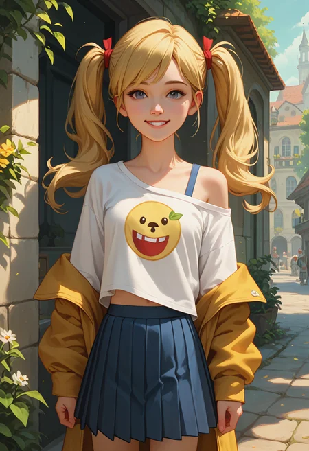 score_9, score_8_up, score_7_up, score_6_up, score_5_up, 1girl, solo,
masterpiece, best quality, absurdes,
<lora:Mean Girl Stole My Work - Instant Karma (Storybooth) (Pony):0.8>
MeanGirl_InstantKarma_Storybooth, blonde hair, pigtails, twintails, long hair,
shirt, off shoulder, pleated skirt, facing viewer, eyes open, smile,
detailed background, outdoors,
<lora:Expressive_H:0.7> Expressiveh,
<lora:add-detail-xl:0.9>