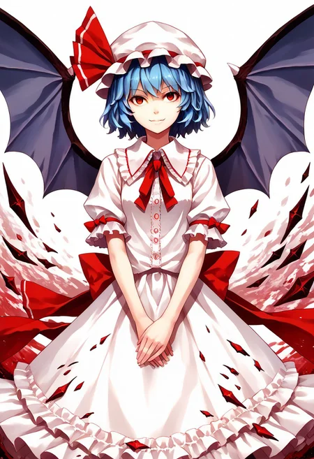 score_9, score_8_up, score_7_up, score_6_up, score_5_up, score_4_up, source_anime, solo, 1girl, 
r3mil1a_sc4rlet, hat, red eyes, blue hair, wings, smile, short hair, bat wings, ribbon, short sleeves, mob cap, 
masterpiece, best quality, very aesthetic, absurdres,