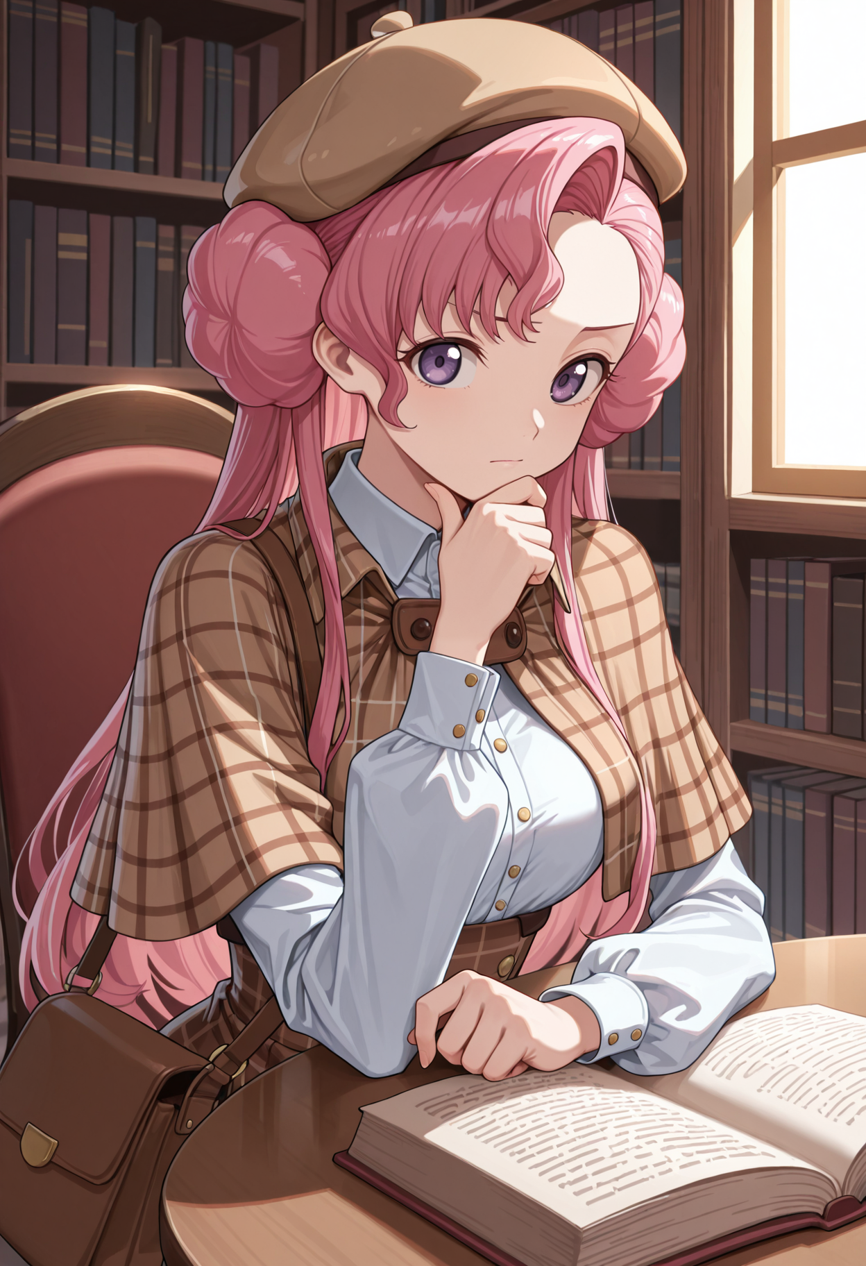 masterpiece, best quality, highres, absurdres, very awa, 1girl, solo, euphy, pink hair, double bun, doughnut hair bun, asymmetrical bangs, detective, plaid clothes, capelet, collared shirt, high-waist skirt, long sleeves, plaid capelet, plaid skirt, puffy sleeves, beret, shoulder bag, indoors, library, bookshelf, upper body, elbows on table, elbow rest, purple eyes, window, pov across table, looking at viewer, table, chair, open book, hand up, hand on own chin, stroking own chin, thinking, closed mouth