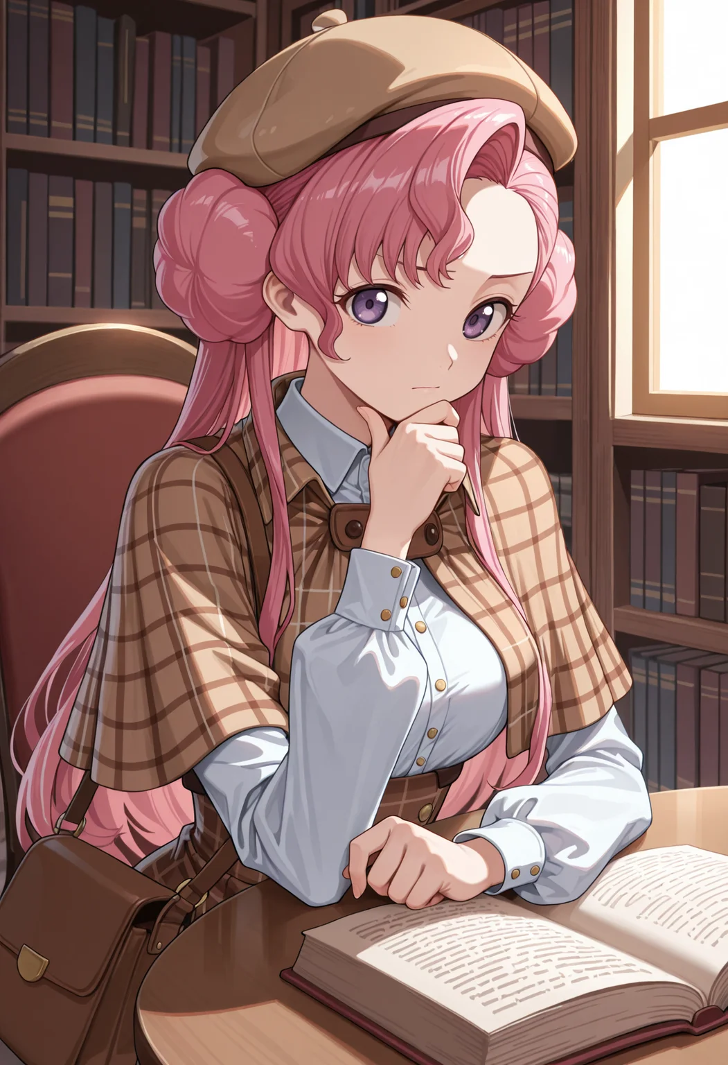 masterpiece, best quality, highres, absurdres, very awa, 1girl, solo, euphy, pink hair, double bun, doughnut hair bun, asymmetrical bangs, detective, plaid clothes, capelet, collared shirt, high-waist skirt, long sleeves, plaid capelet, plaid skirt, puffy sleeves, beret, shoulder bag, indoors, library, bookshelf, upper body, elbows on table, elbow rest, purple eyes, window, pov across table, looking at viewer, table, chair, open book, hand up, hand on own chin, stroking own chin, thinking, closed mouth