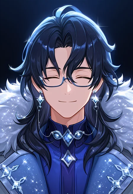 (masterpiece, high quality, amazing detail), highres, (glitter effect:1.5), moot me up, sparkle effect, 1boy, male focus, solo, closed eyes, glasses, eyewear strap, smile, fur trim, sparkle, semi-rimless eyewear, upper body, blue theme, jewelry, fur-trimmed coat, earrings, coat, closed mouth, facing viewer, under-rim eyewear, long hair, black hair, straight-on, shirt, black background, <lora:Moot_me_up_-_glitter_effect:1.2>