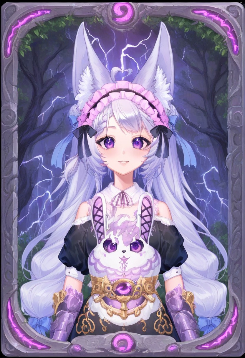score_9,score_8_up,score_7_up, source_anime,
hyper-detailed, masterpiece, best quality,
(simfonira, source_reference),source_screen_good, model_type_fox,ears_fox, outfit_maid,maid, hair_tails,twintails, long hair, hair bow,  eyes_purple,purple eyes,
upper body,
Card, Tarot, graphic border, Illustrative,
pink atmosphere, obsidian stone, skeuomorphic, detailed,
Smiling eyes,
forest background,
Lustful personality, 
Jewelry, Extravagant, Shoulderless,
side view,
glowneon, glowing, lightning