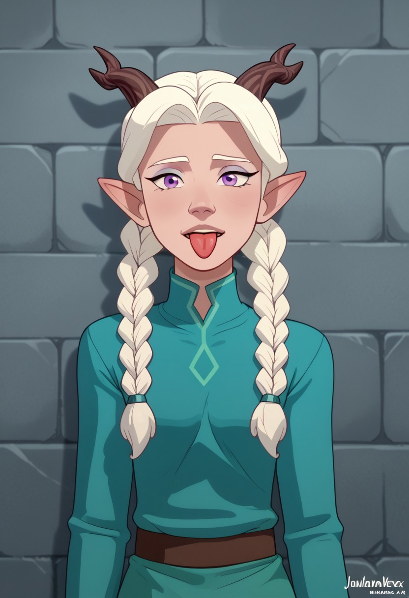 score_9, score_8, score_7, score_6,
triplevexx, solo, ((Lujanne)), Elf, Moonelf, Horns, Long Twin Braids, White Hair, looking at viewer, leaning against marble wall, sticking tongue out, purple eyes,
