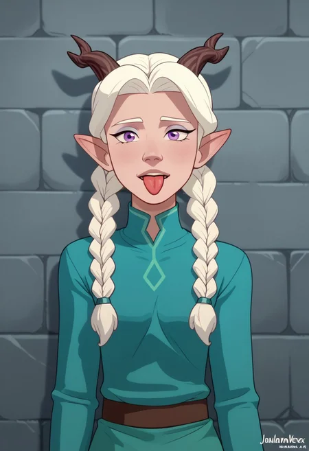 score_9, score_8, score_7, score_6,
triplevexx, solo, ((Lujanne)), Elf, Moonelf, Horns, Long Twin Braids, White Hair, looking at viewer, leaning against marble wall, sticking tongue out, purple eyes,