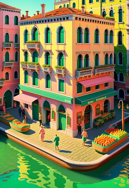 ispzxll, no humans, dioramaplant, isometric, miniature, futuristic soviet-inspired venice building street scene, seaform-green and pale-pink pastel colors, golden hour, long shadows, volumetric lighting style, pedestrian crowds, fruit stands, boats in canals, storefronts, epic architecture, intricate details, potted plants, ultra-detailed, 8k, fluffy clouds